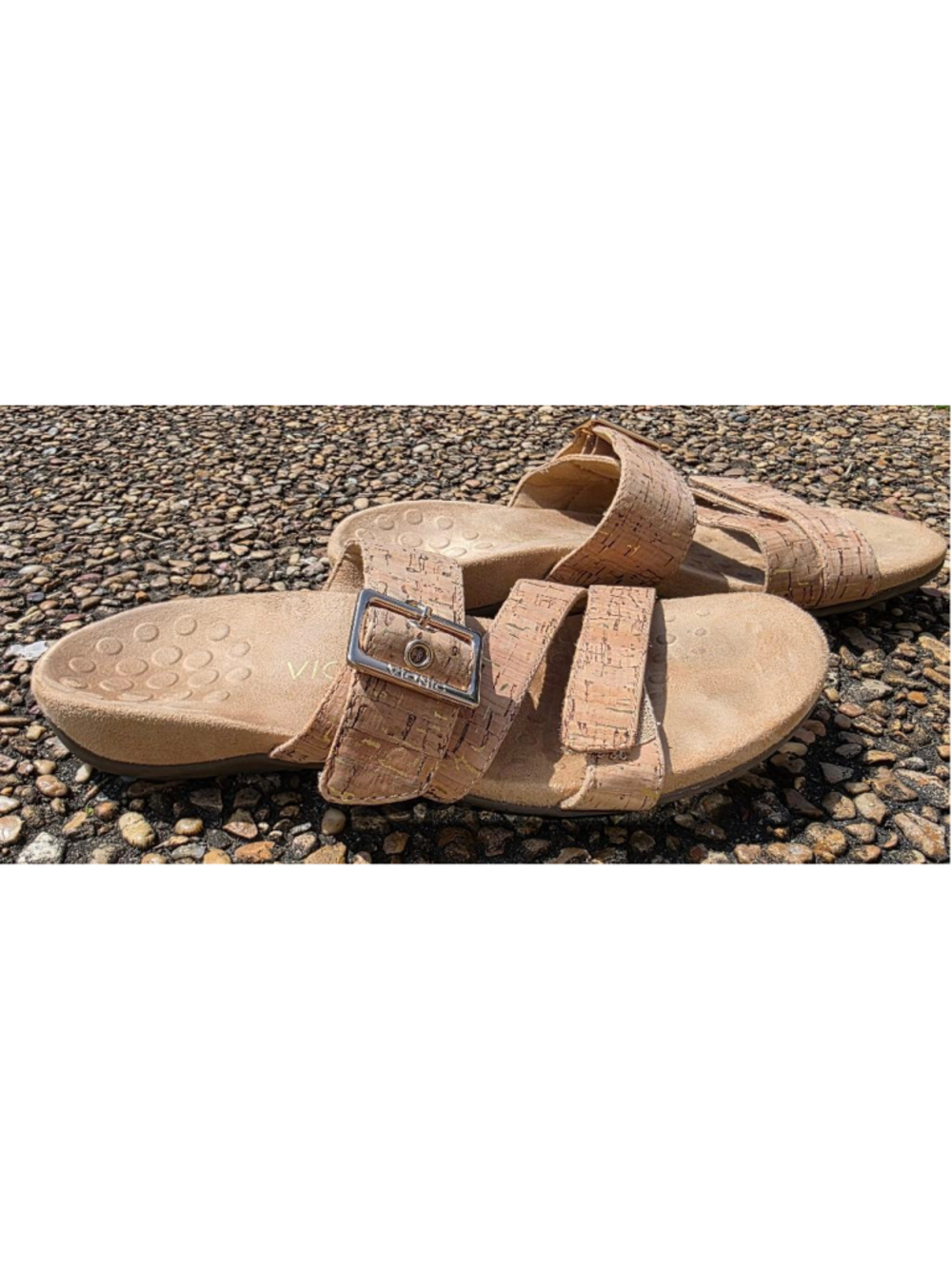 Vionic Cork Double Strap Slide Sandals Size 8 Gold Fleck Comfort Footbed - Picture 3 of 11